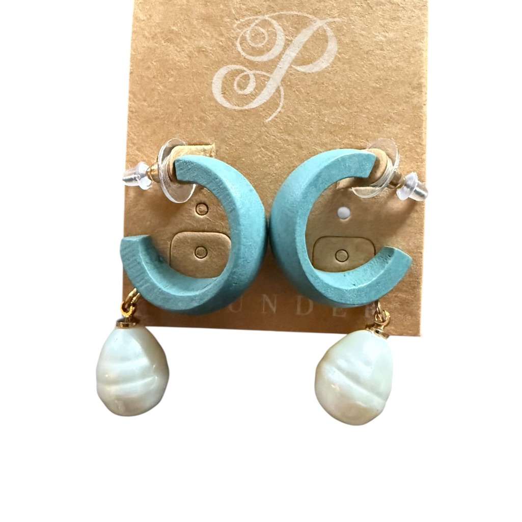 Plunder Turquoise Hoop Earrings With Pearl Drops And Gold Links